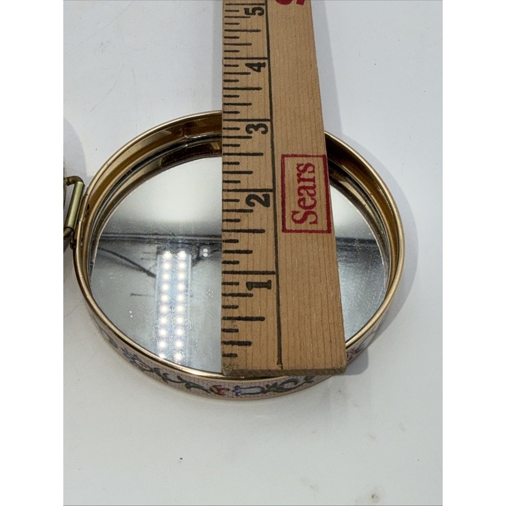 Vtg 60s Japan Round Folding Double-Mirror Compact W/Stand CrossStitch Floral Box - Picture 8 of 10
